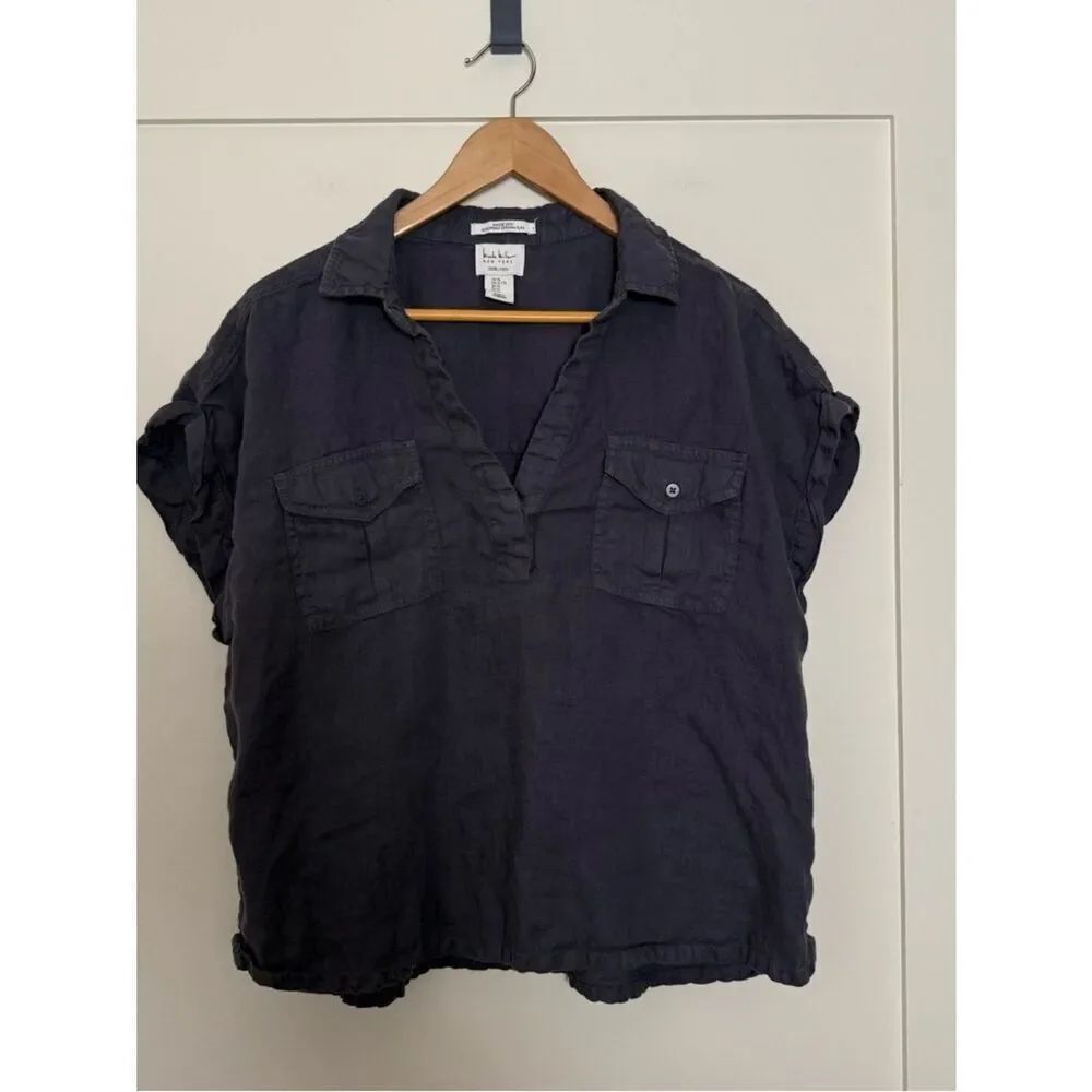 Nicole Miller Popover Shirt Womens Sz XL Blue Linen Short Sleeve V Neck Collared